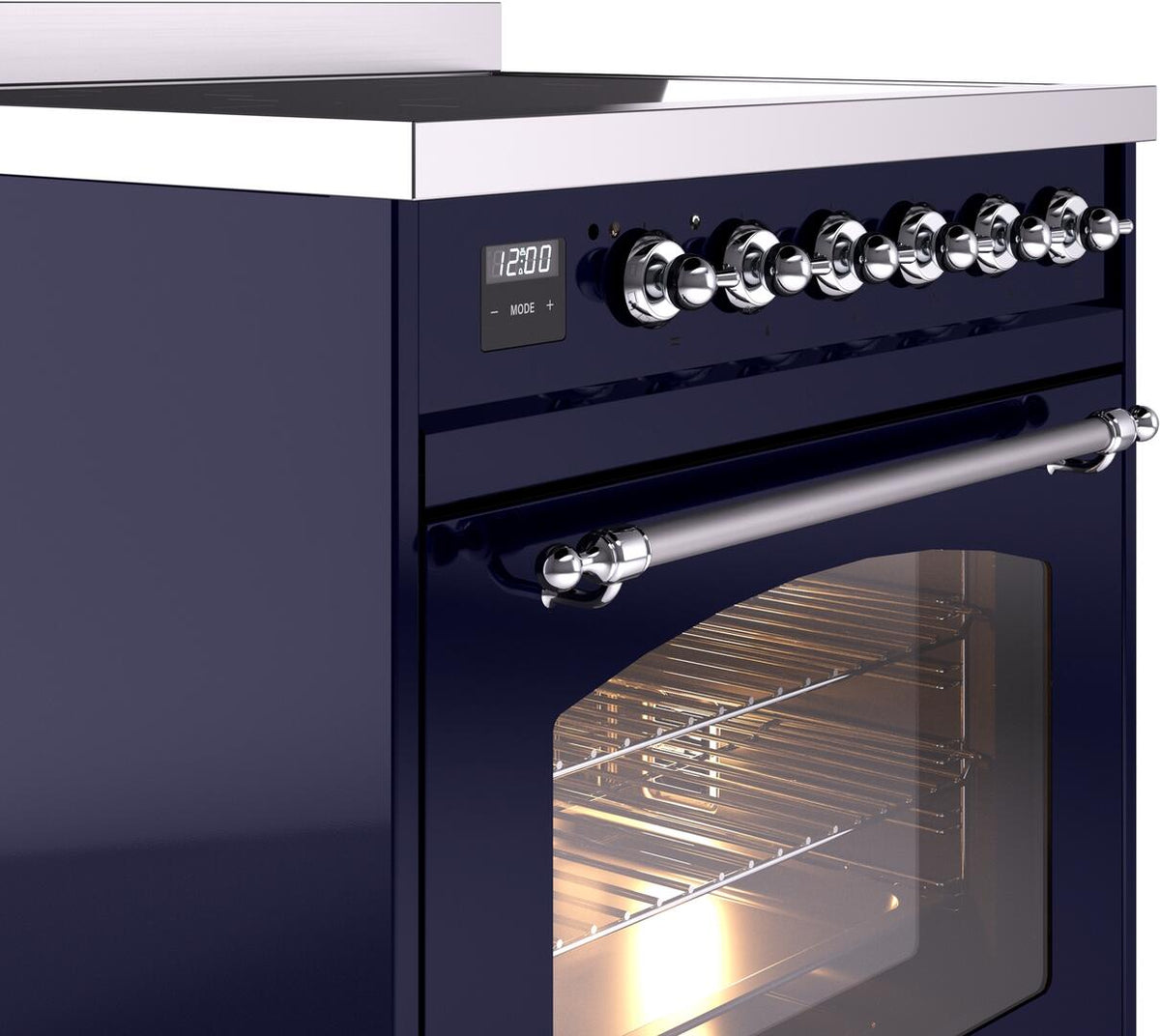 Midnight blue induction range control knobs and chrome handle with oven door window