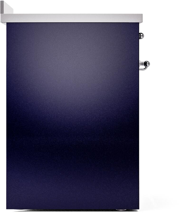 Midnight blue freestanding induction range side panel with chrome hinge hardware