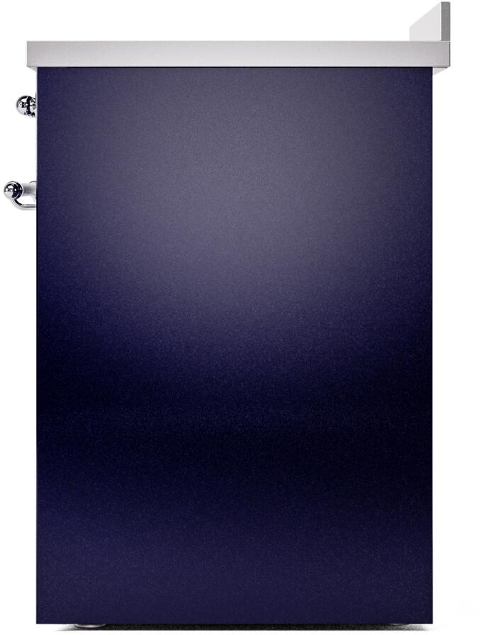 Midnight blue freestanding induction range back corner with chrome handle hardware