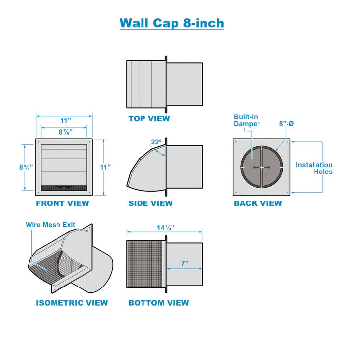 Wall cap vent dimension diagram showing front, side, top, back views