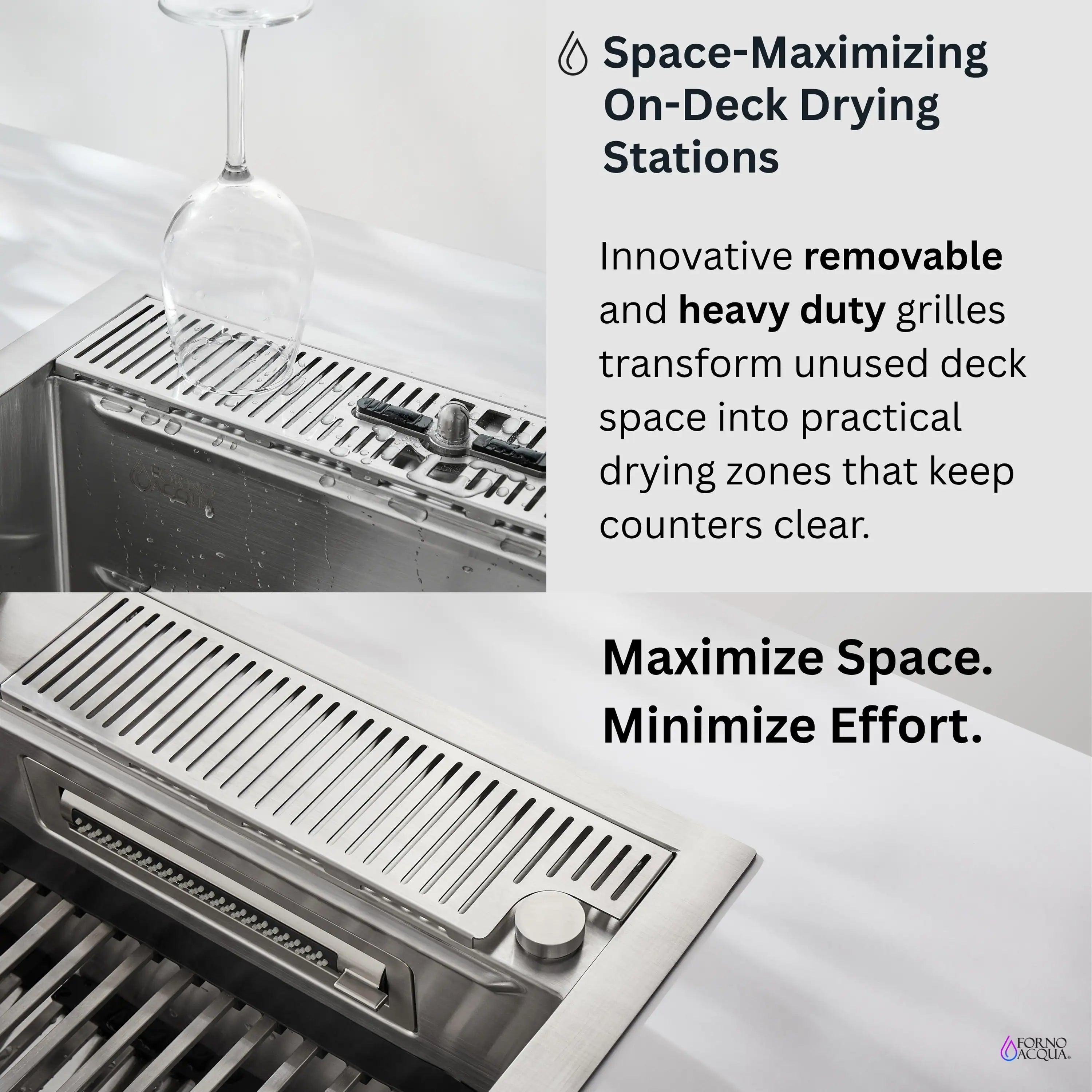 Stainless steel drying station on sink deck with slotted drain grooves