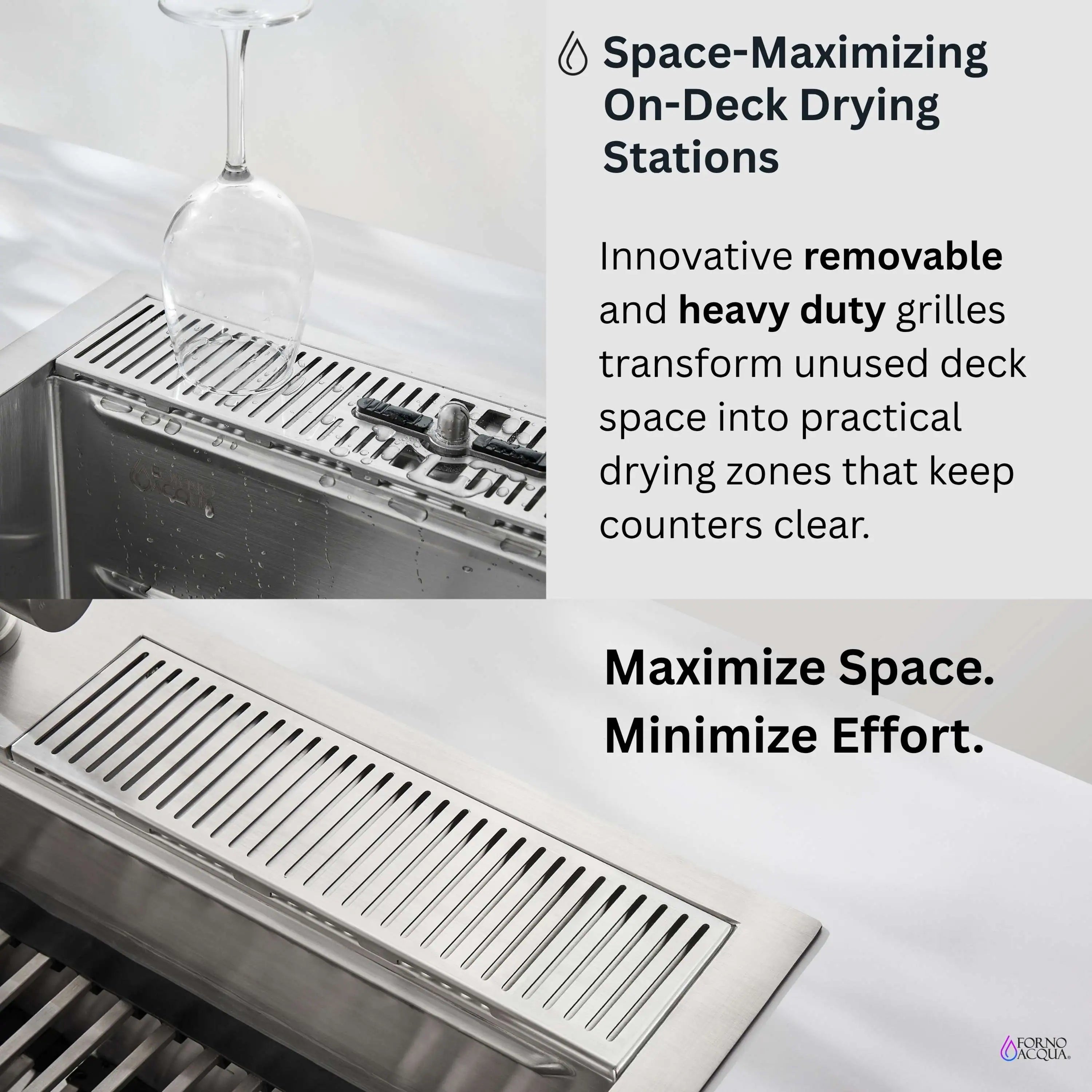 Stainless steel drop-in sink with removable drying grates and glass drying station