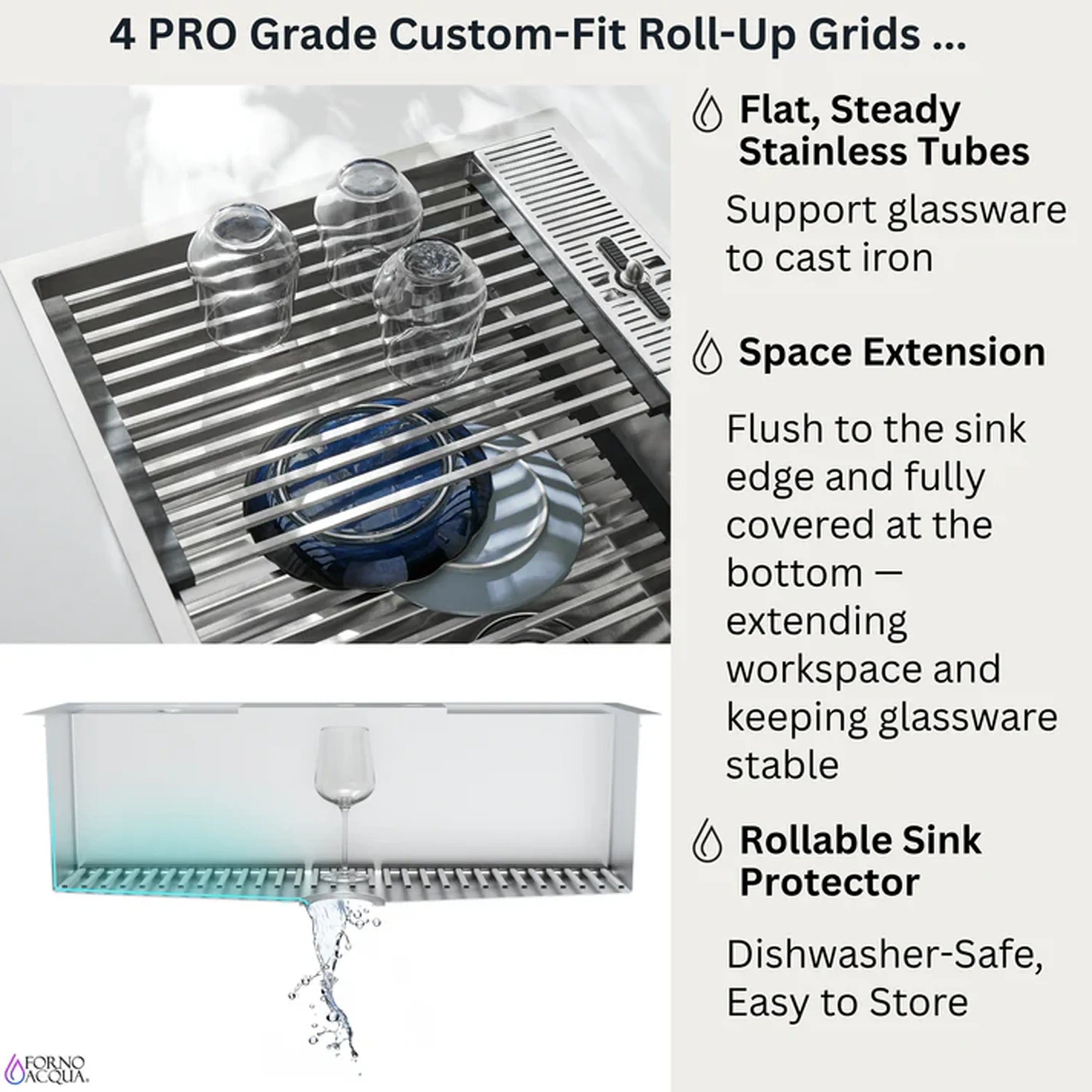 Stainless sink rack system with roll-up wire grids supporting cookware and glassware