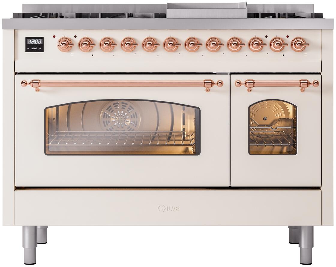 Freestanding dual-fuel range front with glass oven door and copper trim