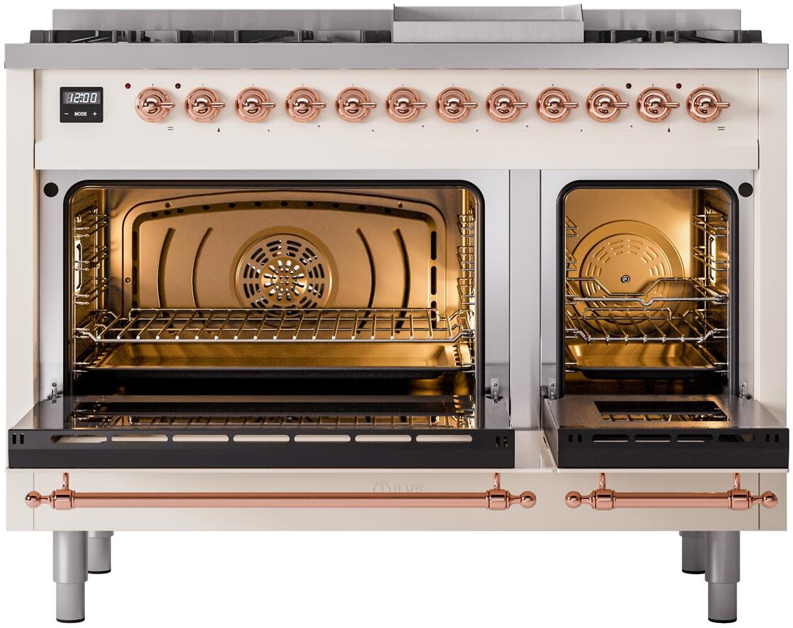 Freestanding dual-fuel range with both ovens open and copper front handles