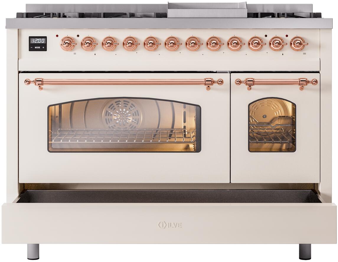 Freestanding dual-fuel range with open oven door and front display panel