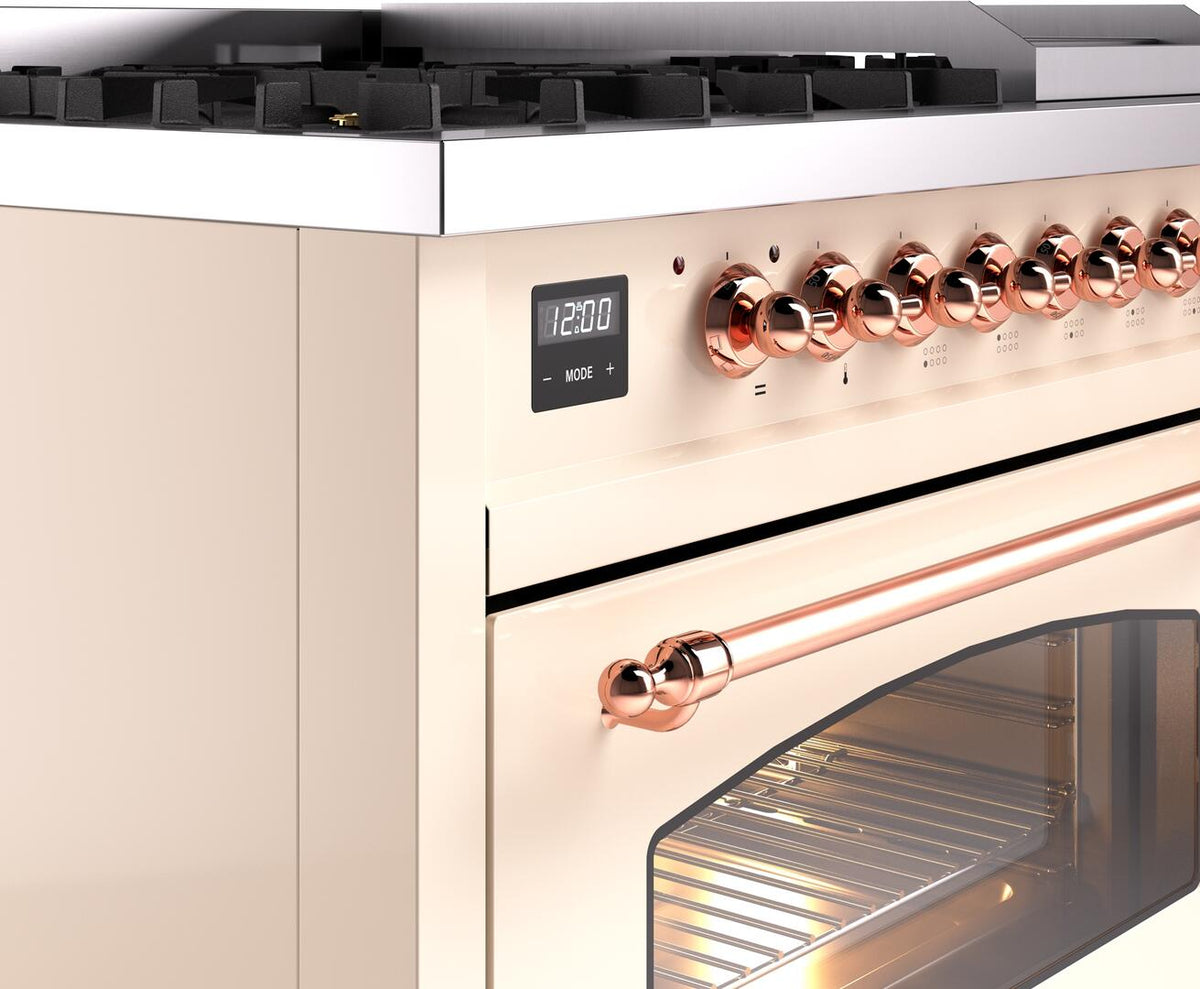 Freestanding dual-fuel range control panel with copper knobs and digital timer display