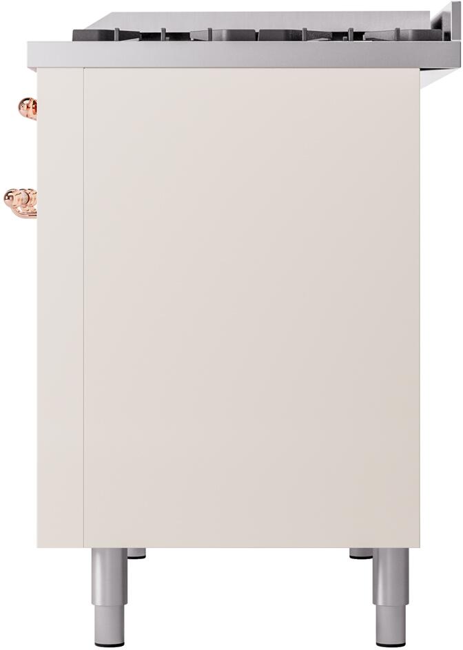 ILVE freestanding dual fuel range, antique white front panel with control knobs and legs