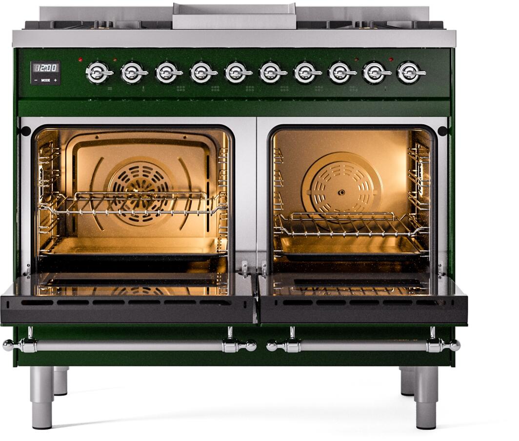 Emerald green dual fuel range with both ovens open, chrome trim, and control knobs.