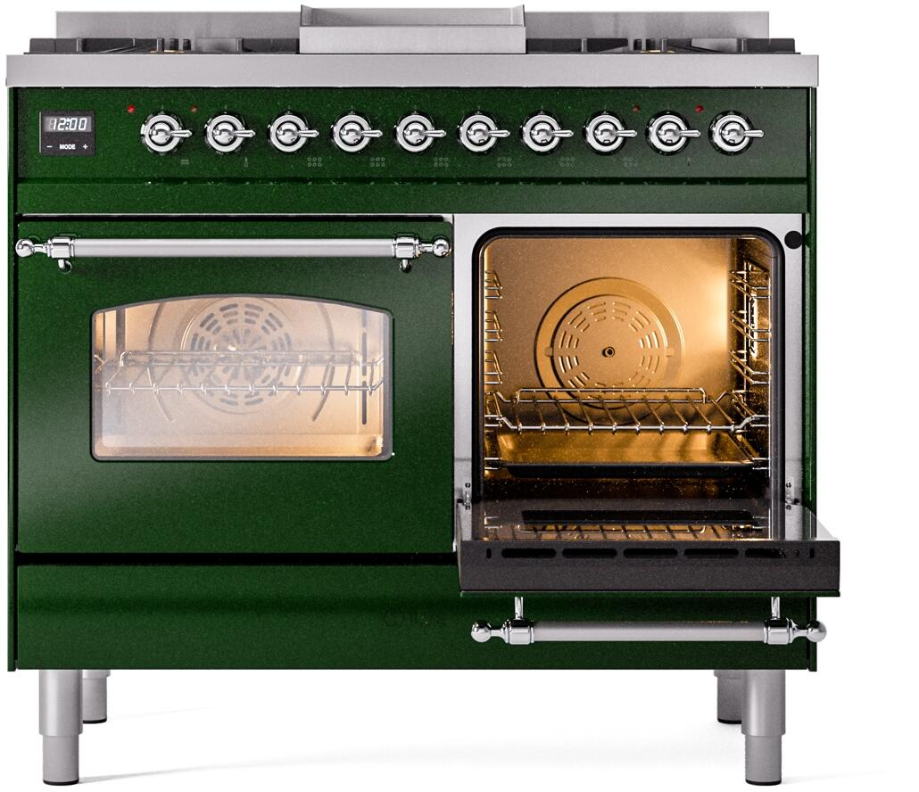 Emerald green range showing left glass door and open right oven with racks.