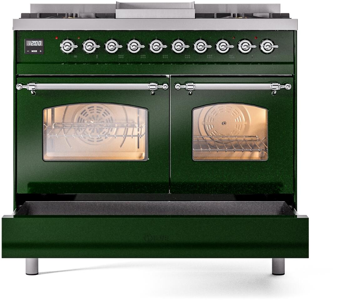 Emerald green dual fuel range front with two glass doors and control knobs above