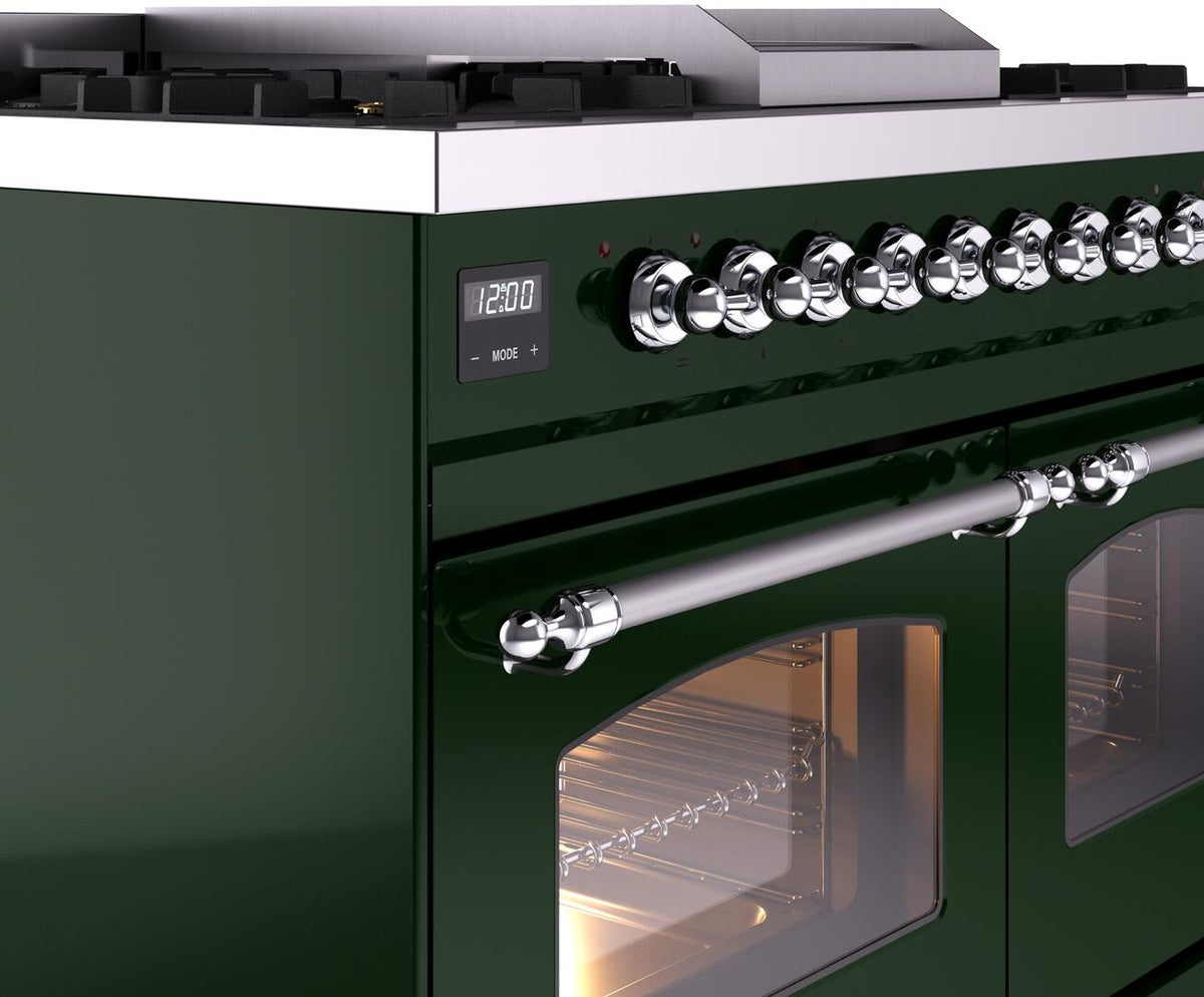 Chrome control knobs and handle on emerald green dual fuel range with oven door