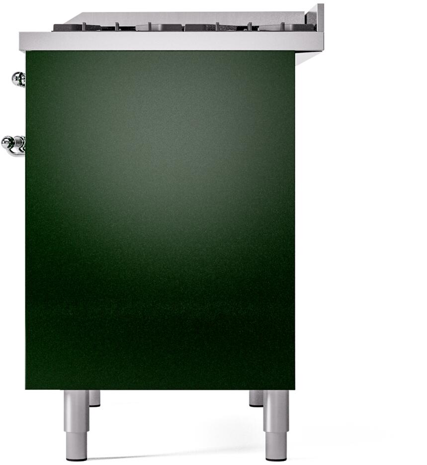 Emerald green freestanding range side panel with chrome mounting points and legs.