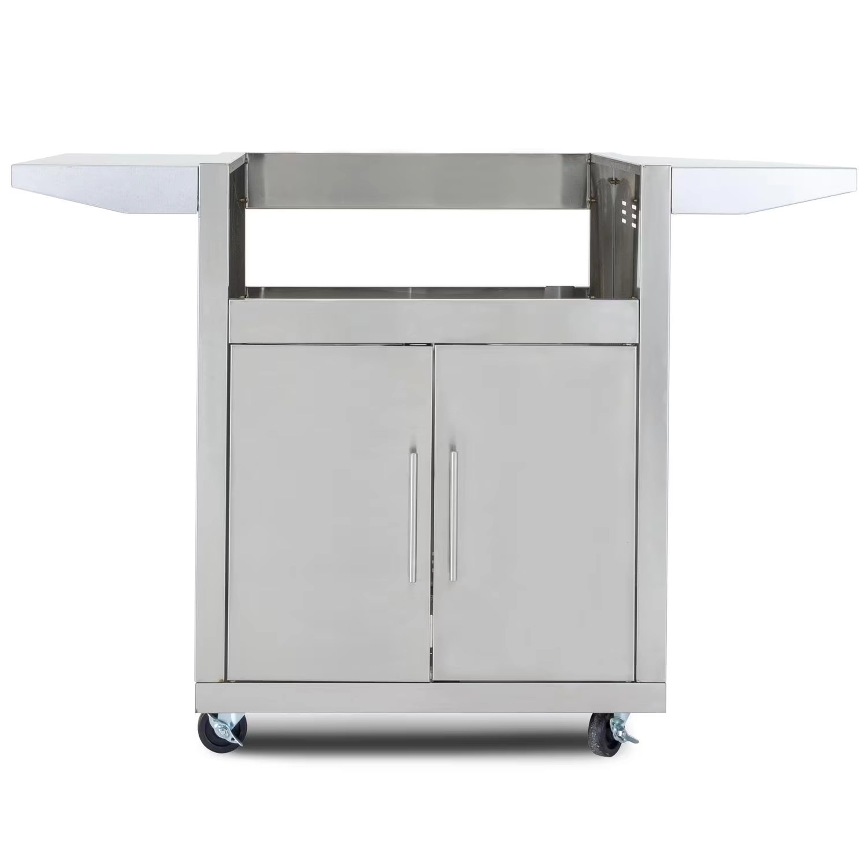 Blaze pizza oven cart with two cabinet doors, open top compartment, and caster wheels.