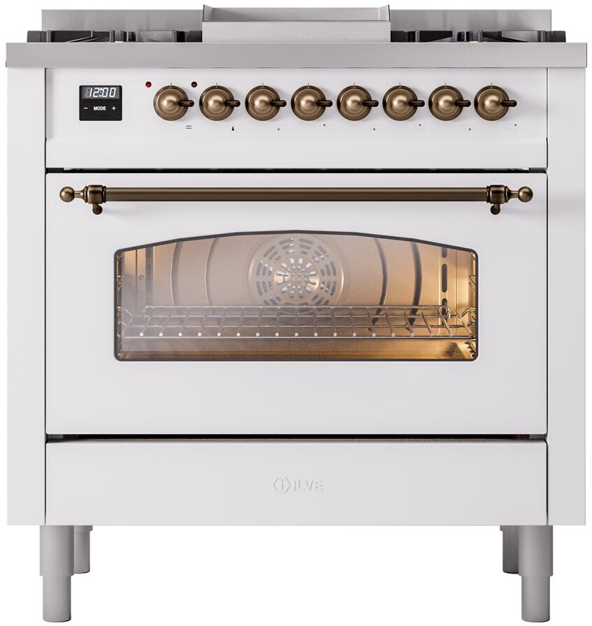 White dual fuel range with bronze control knobs, digital display, and glass oven door