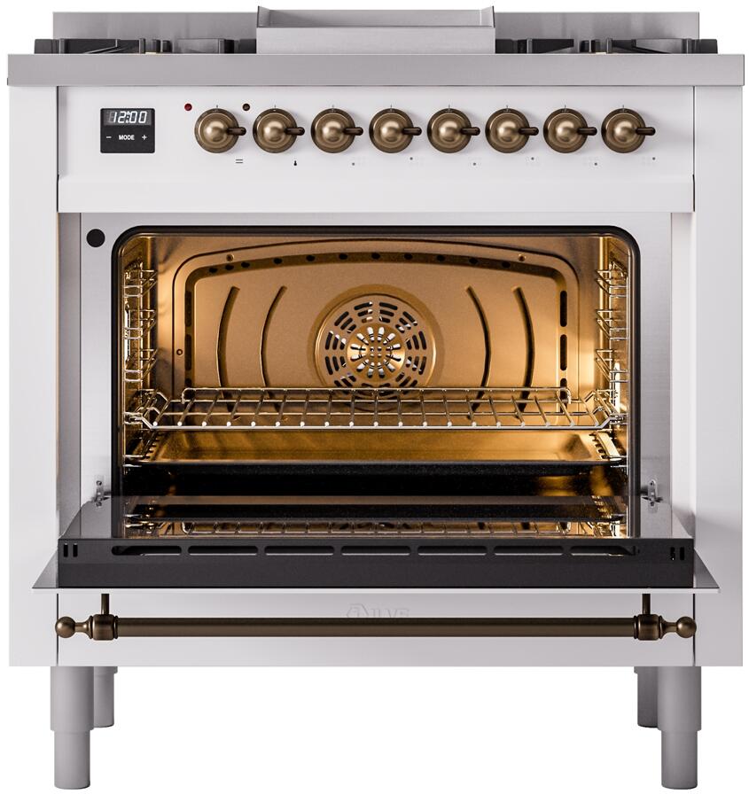 ILVE freestanding gas oven with open door, bronze trim, and interior bake chamber rack