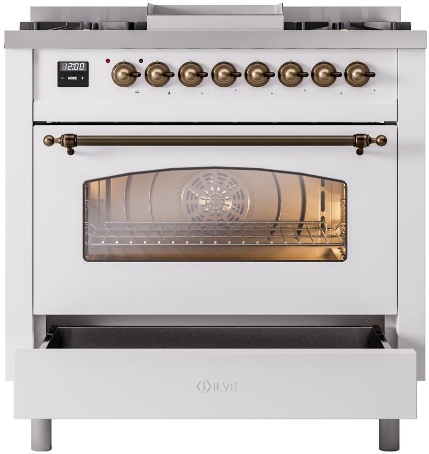 Dual fuel range with glass oven door and open storage drawer below