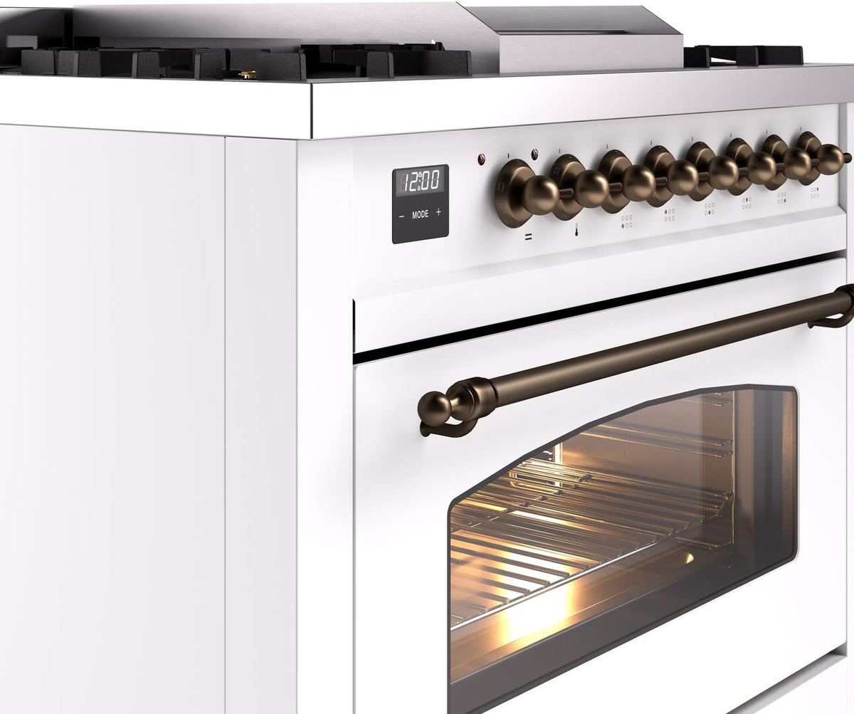 ILVE freestanding range control area with bronze knobs, display, and oven door glass