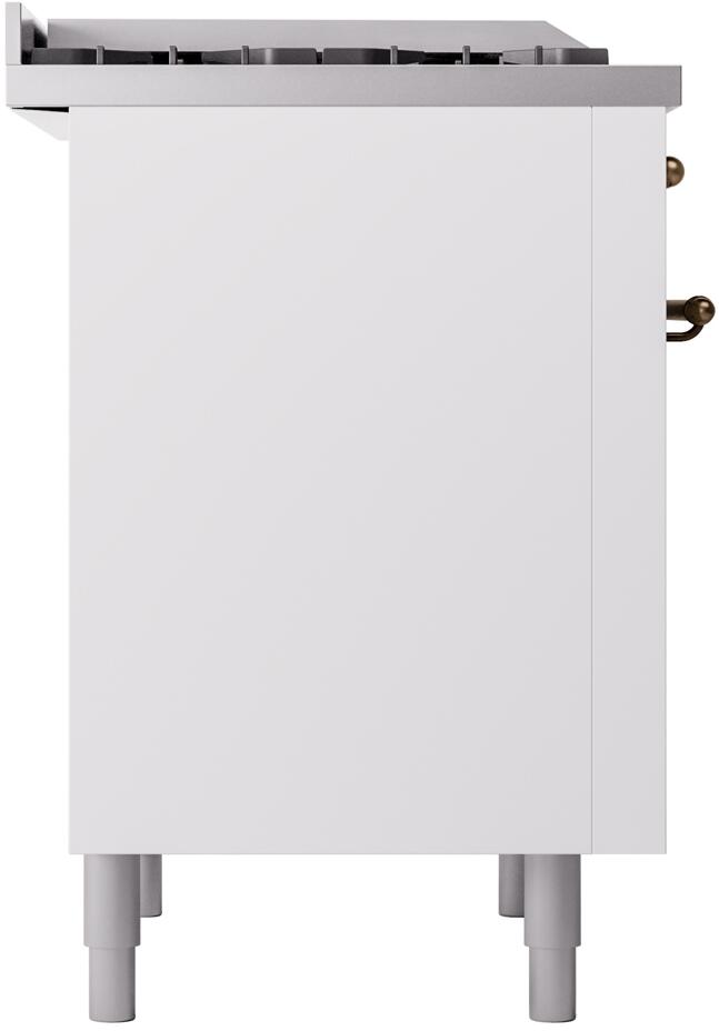 White side panel of a dual fuel freestanding range with front leveling legs