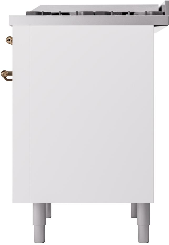 ILVE freestanding gas range rear side panel in white with leveling legs and bronze fittings