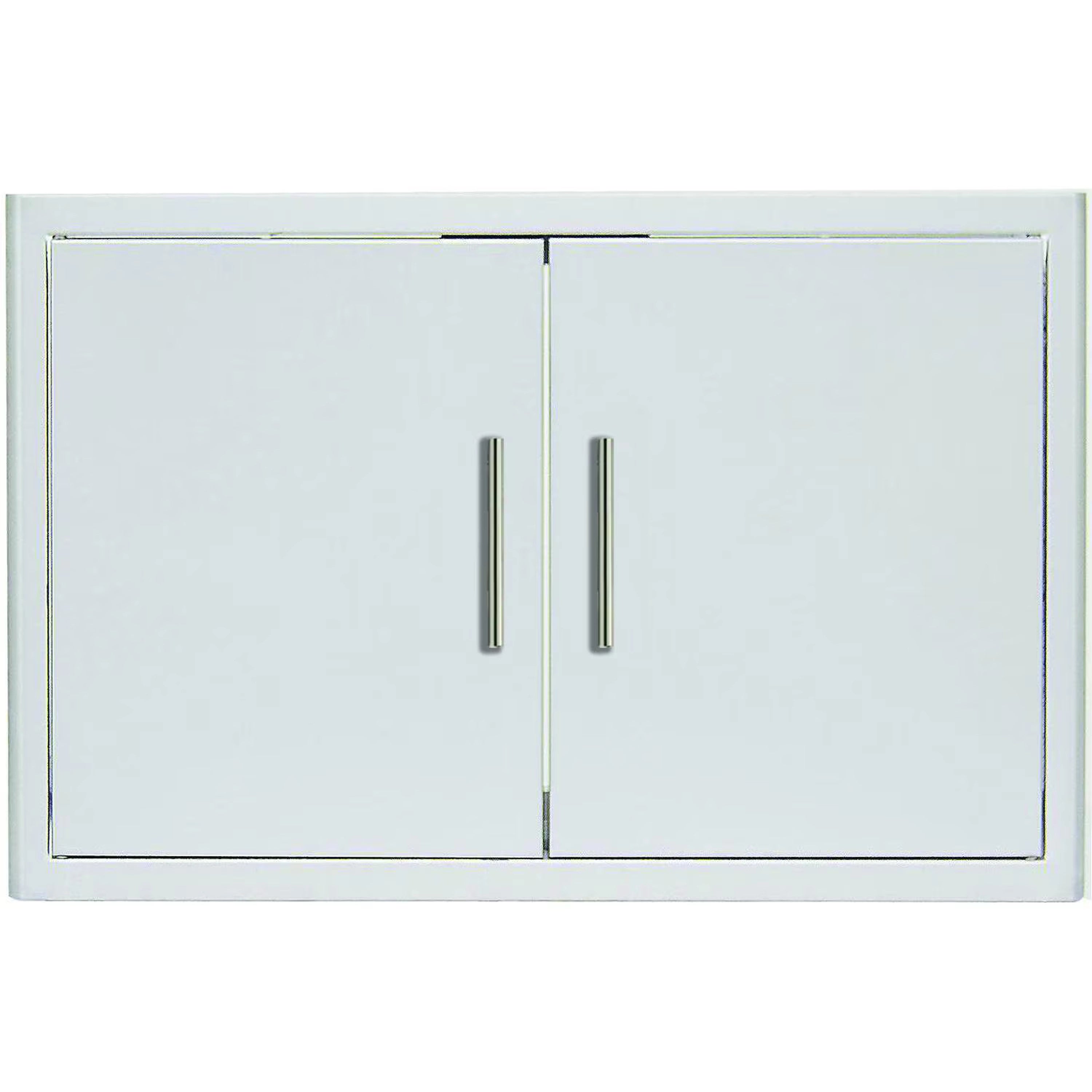 Stainless steel dry storage pantry with two doors and center handles