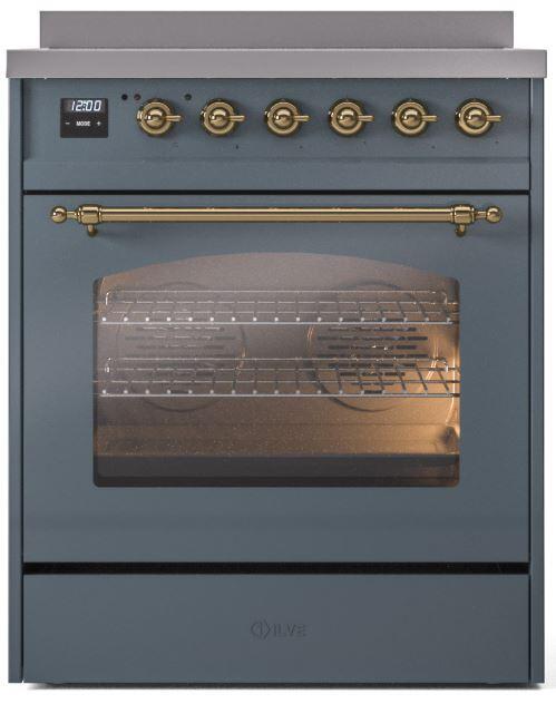 Blue grey induction range with brass handle, closed oven door, and control panel above