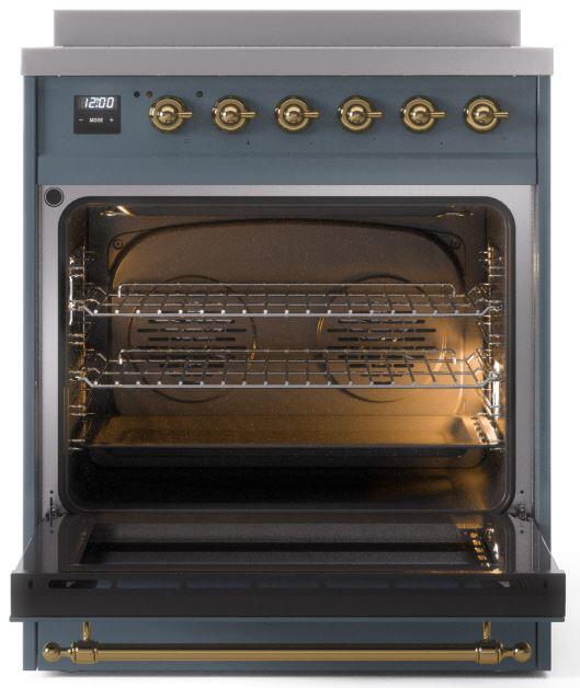 Open oven with wire racks, heating elements, and warm interior glow in blue grey range