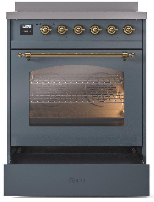 Freestanding blue grey range with oven door open and wire racks illuminated