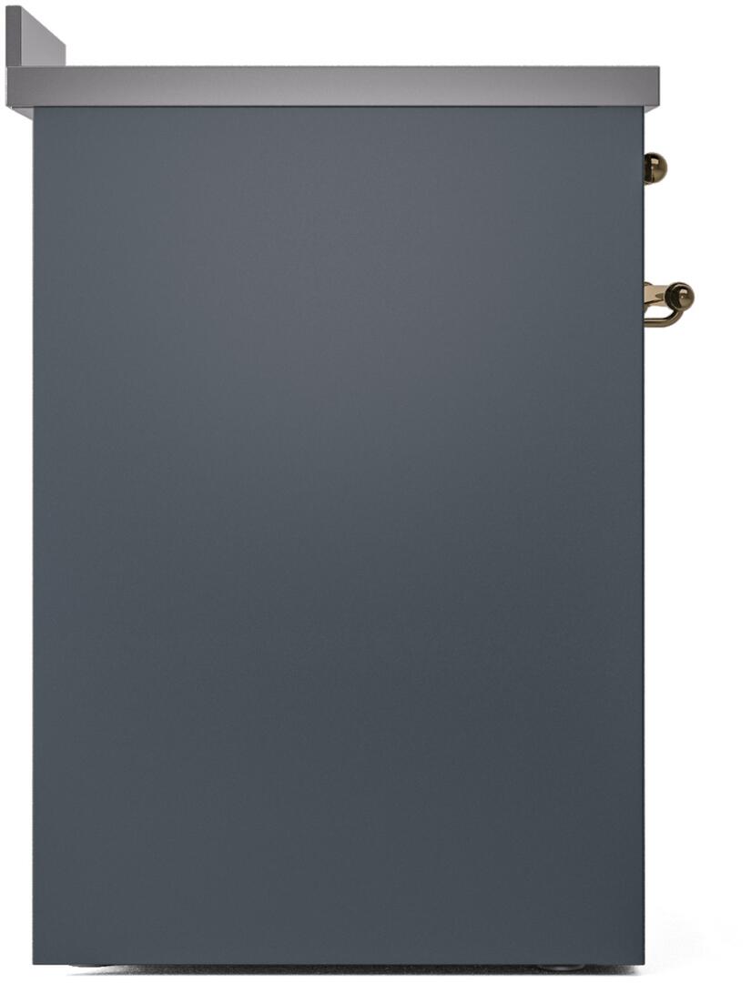 Blue grey freestanding range side with brass handle hardware and top trim