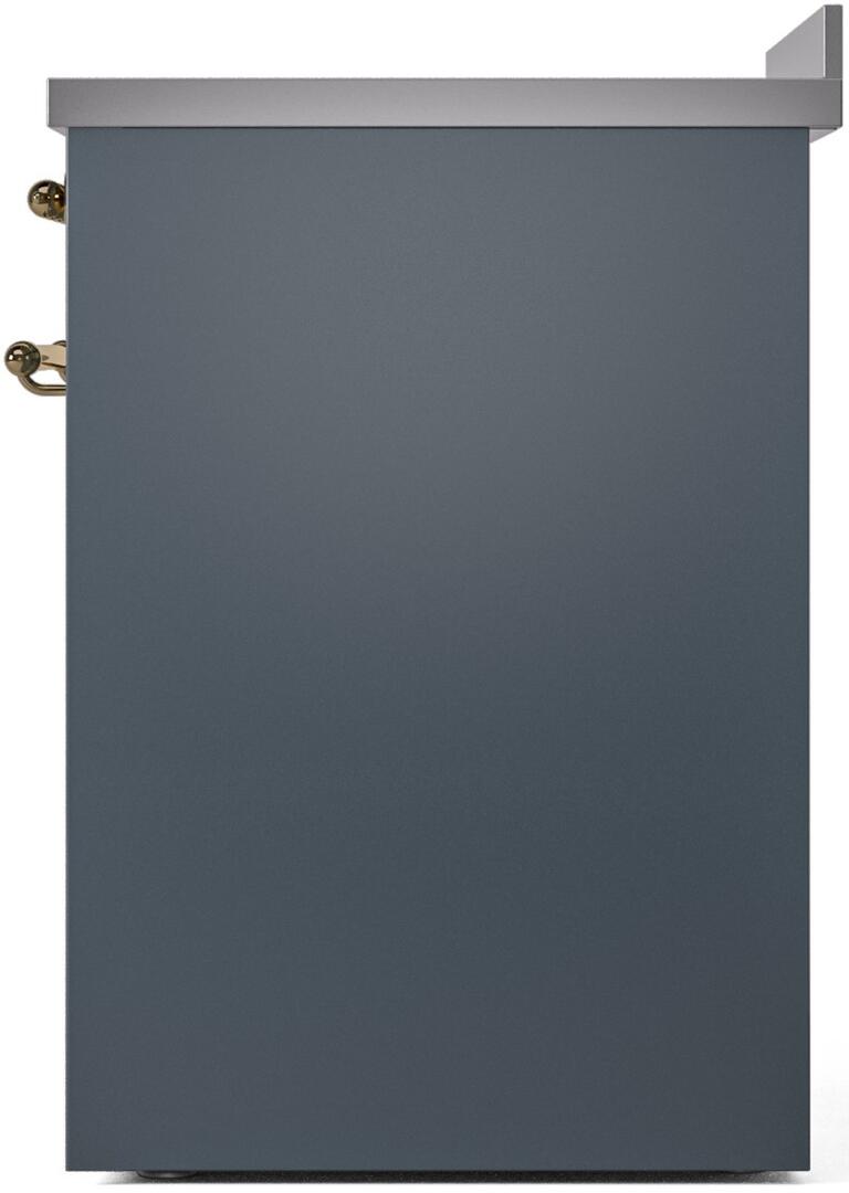 Blue grey range side panel with stainless top and brass handle hardware