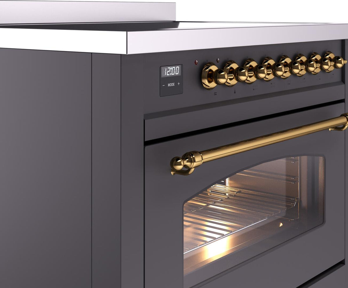 Matte graphite induction range cooktop panel with brass knobs and oven window