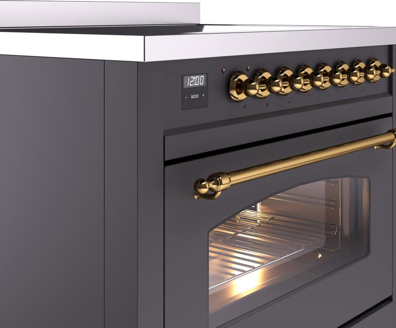 ILVE Nostalgie II 36-Inch Freestanding Electric Induction Range in Matte Graphite with Brass Trim (UPI366NMPMGG)