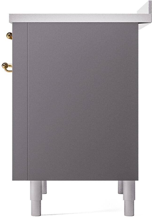 Matte graphite induction range back side panel with white leveling feet