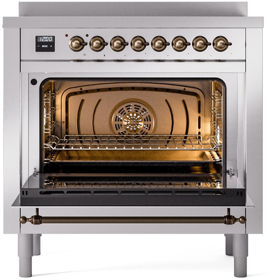 Freestanding electric induction range oven open, showing interior racks and bronze accents
