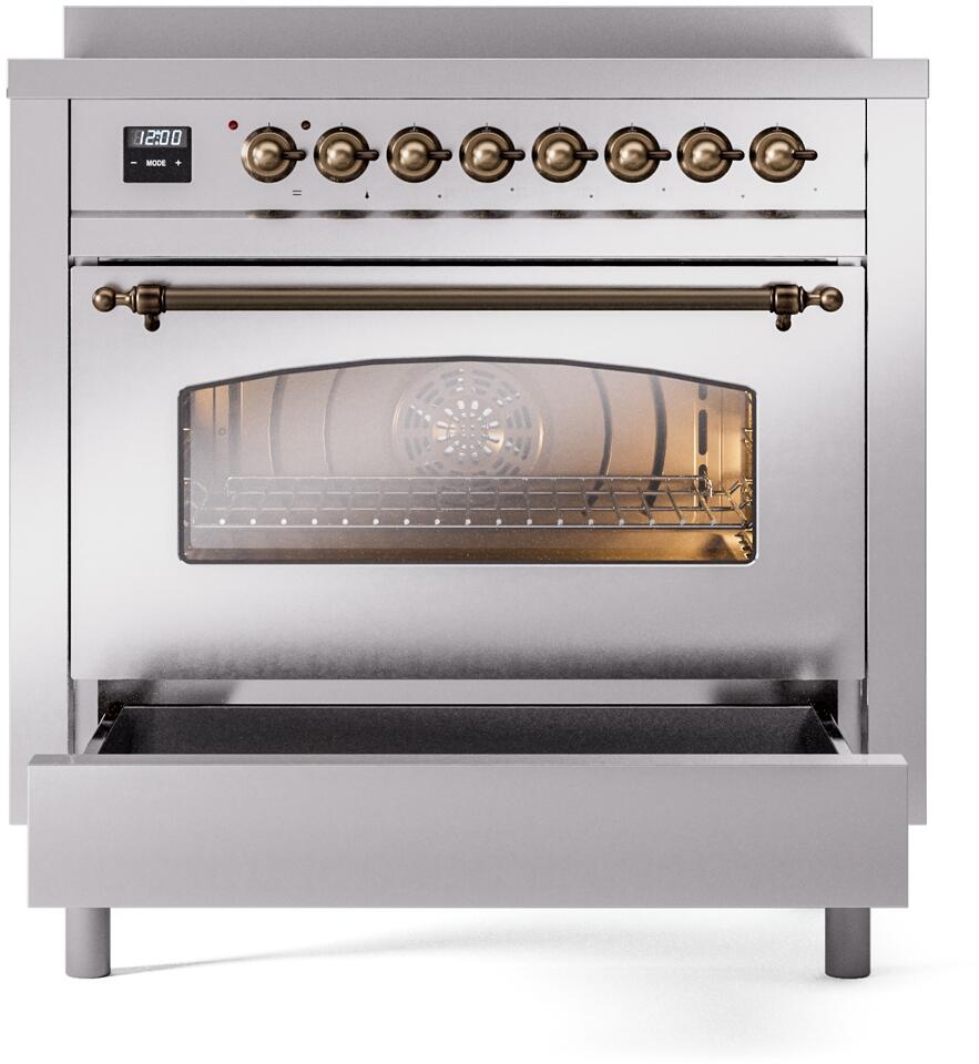 Freestanding electric induction range with glass oven window and bronze control knobs