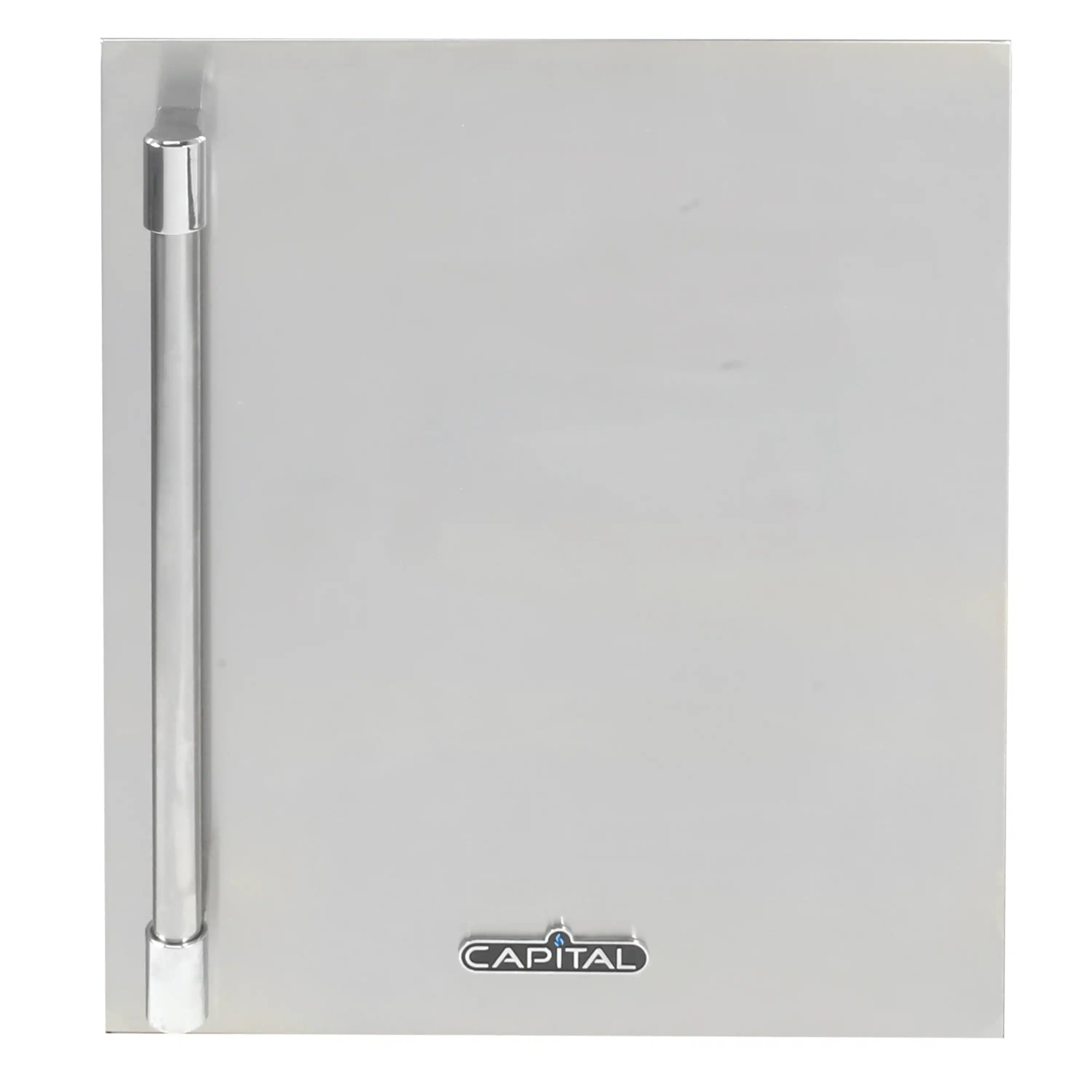 Undercounter refrigerator door panel with chrome vertical handle and CAPITAL logo