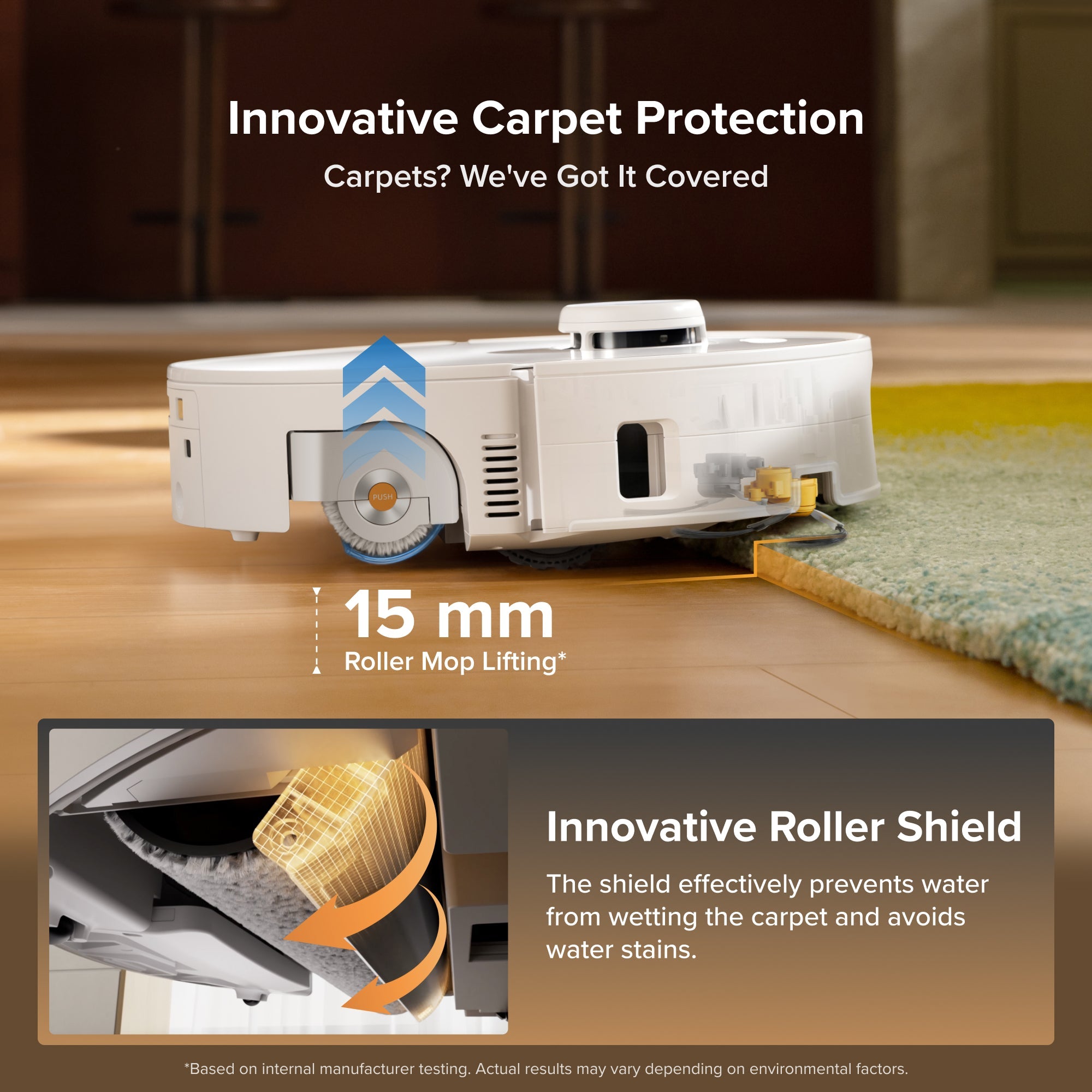 White Roborock robot vacuum with raised roller shield for carpet-friendly mopping