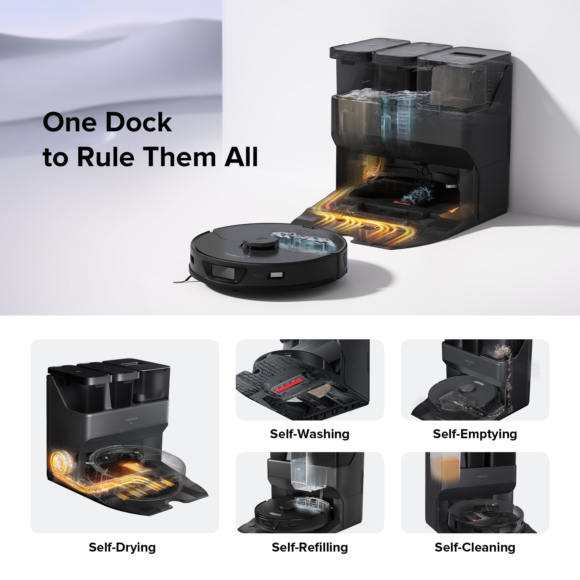 Robot vacuum with charging dock, shown with multiple dock modules on screen