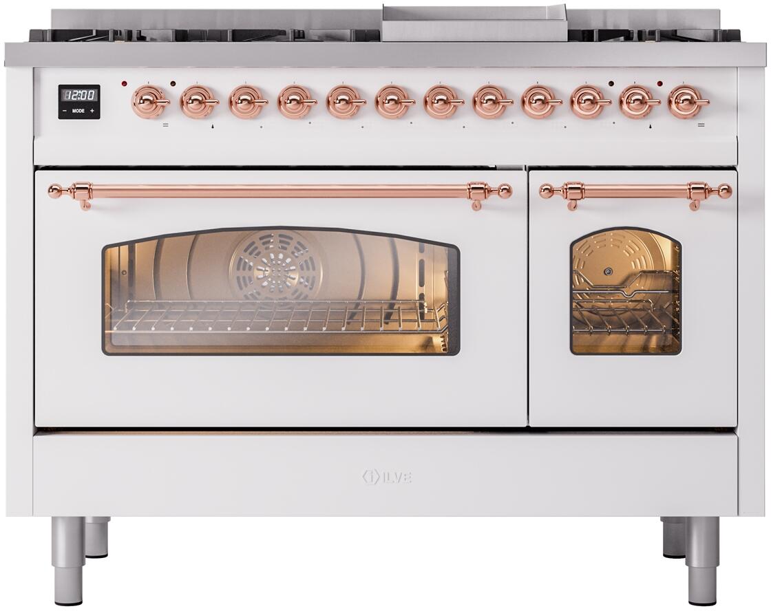 White freestanding dual fuel range with copper trim, front view, oven door closed
