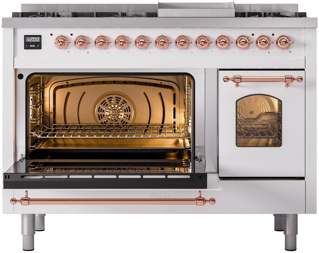 White dual fuel range with copper-trimmed open oven door and interior heating elements