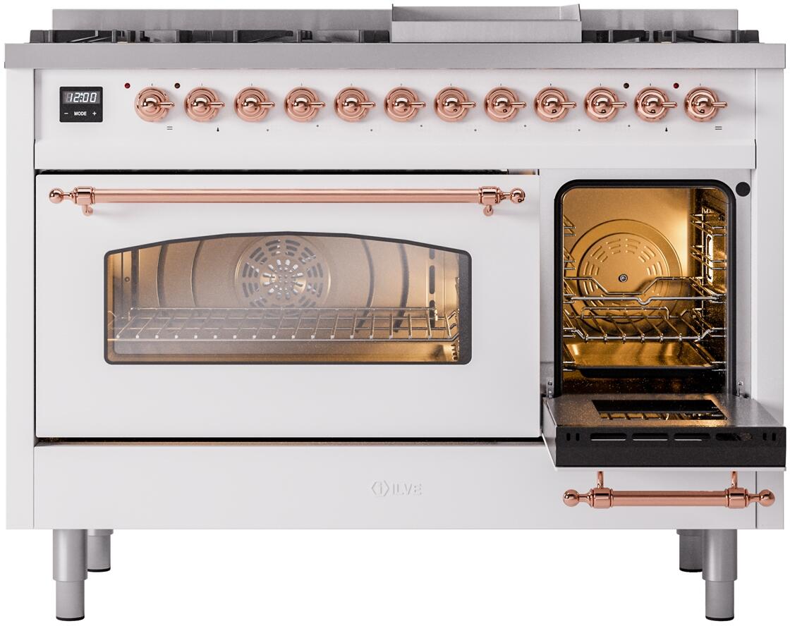 White freestanding dual fuel range with copper trim, oven door glass window