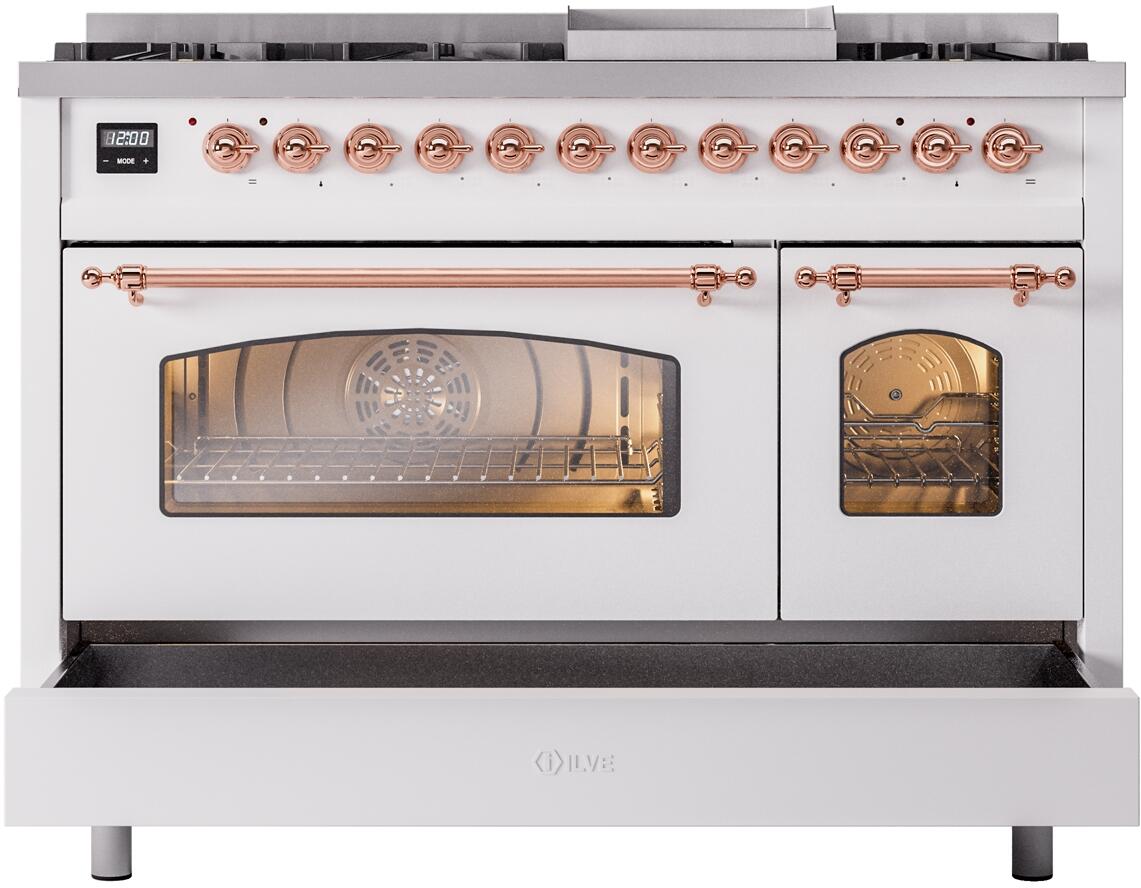 White dual fuel range front panel with copper knobs, digital display, and lower door