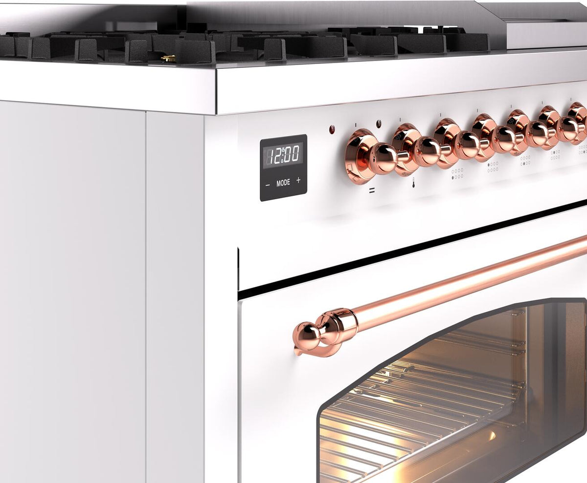 White dual fuel range control panel with copper knobs and timer display