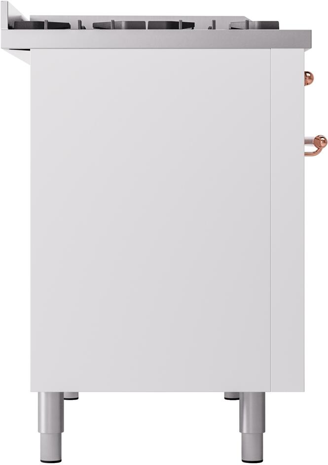 White range side panel with copper control accents and black cooktop grates