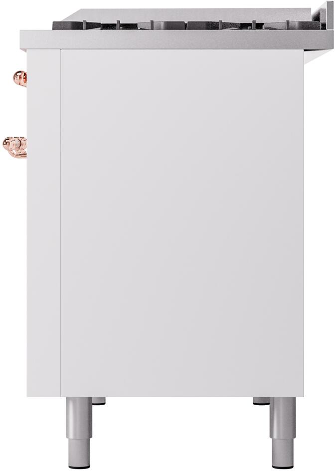 White freestanding dual fuel range rear side panel with copper handle accents