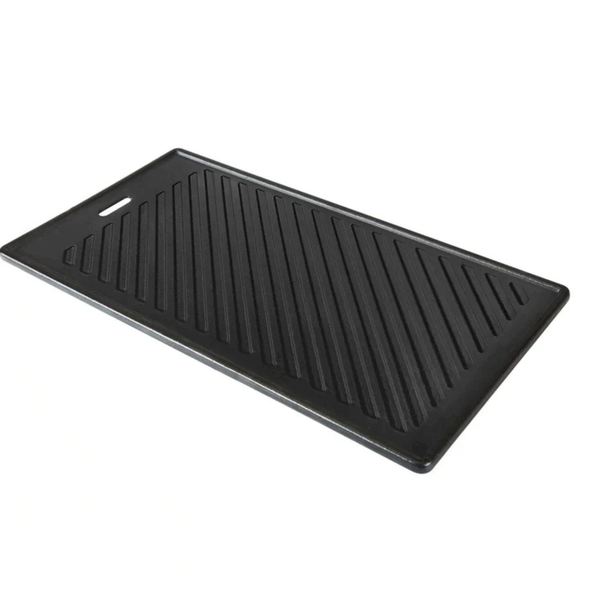 Reversible cast iron cooking plate, diagonal grill ridges on black surface, vent slots