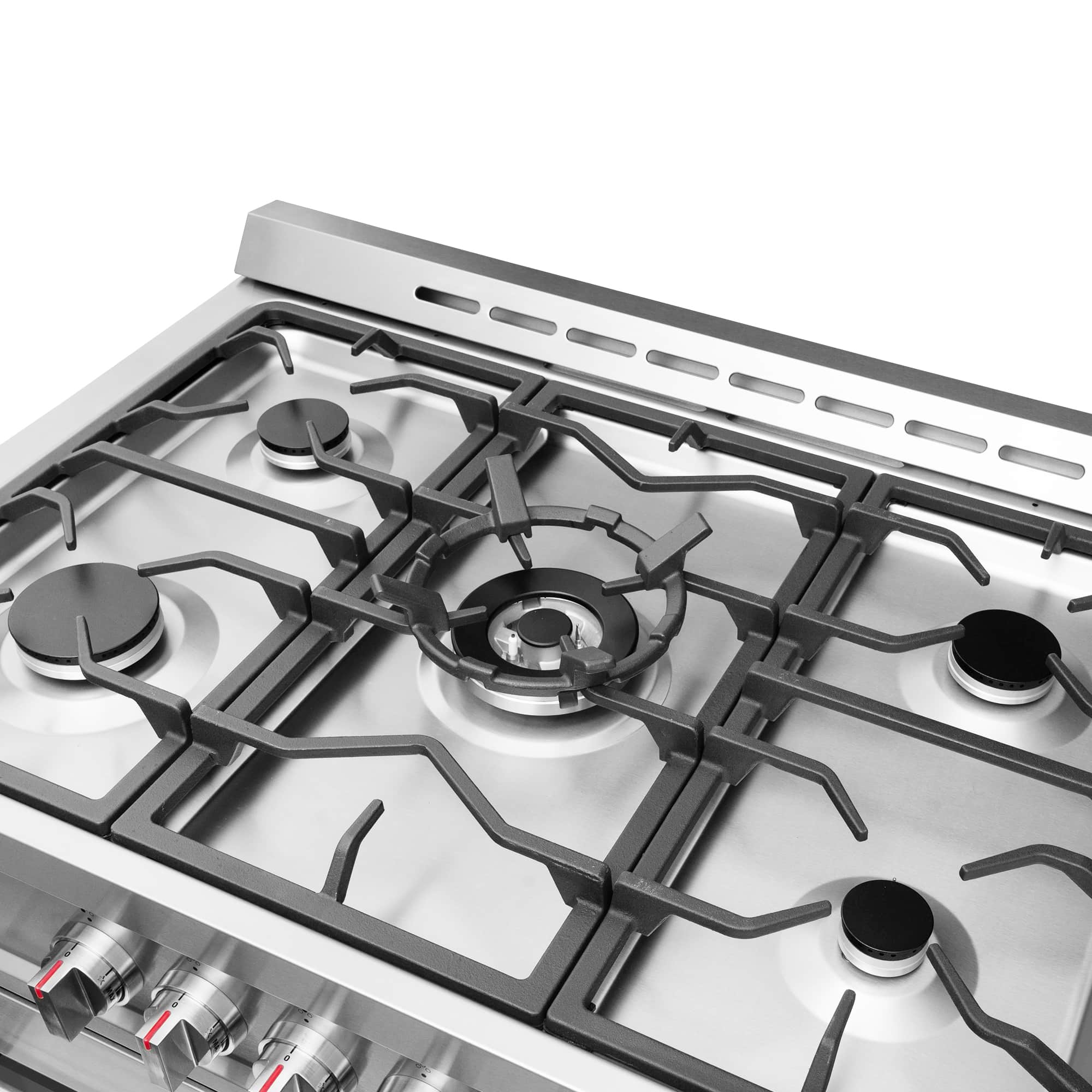 Stainless steel gas cooktop with four burner grates and control knob bases