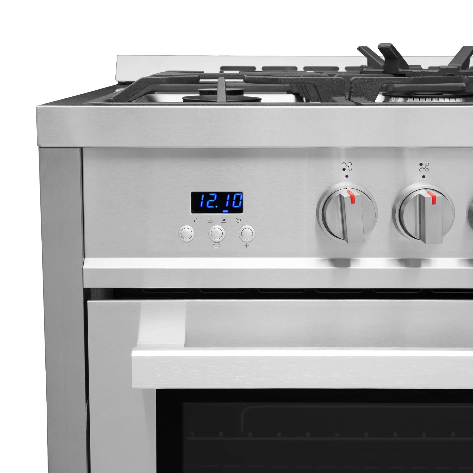 Stainless steel gas range control panel with clock display and oven temperature knobs