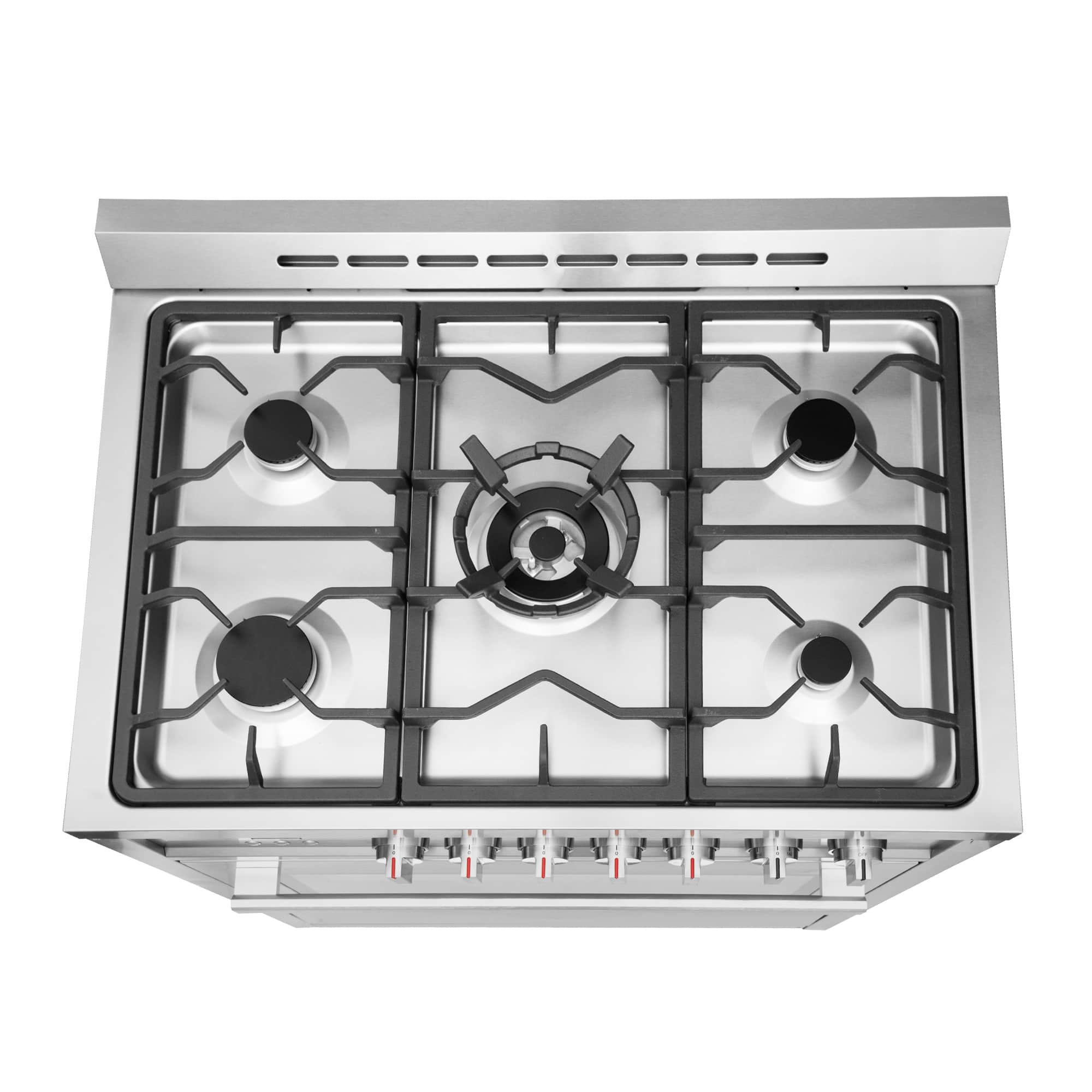 Stainless steel gas cooktop with four burners and cast-iron grate framework