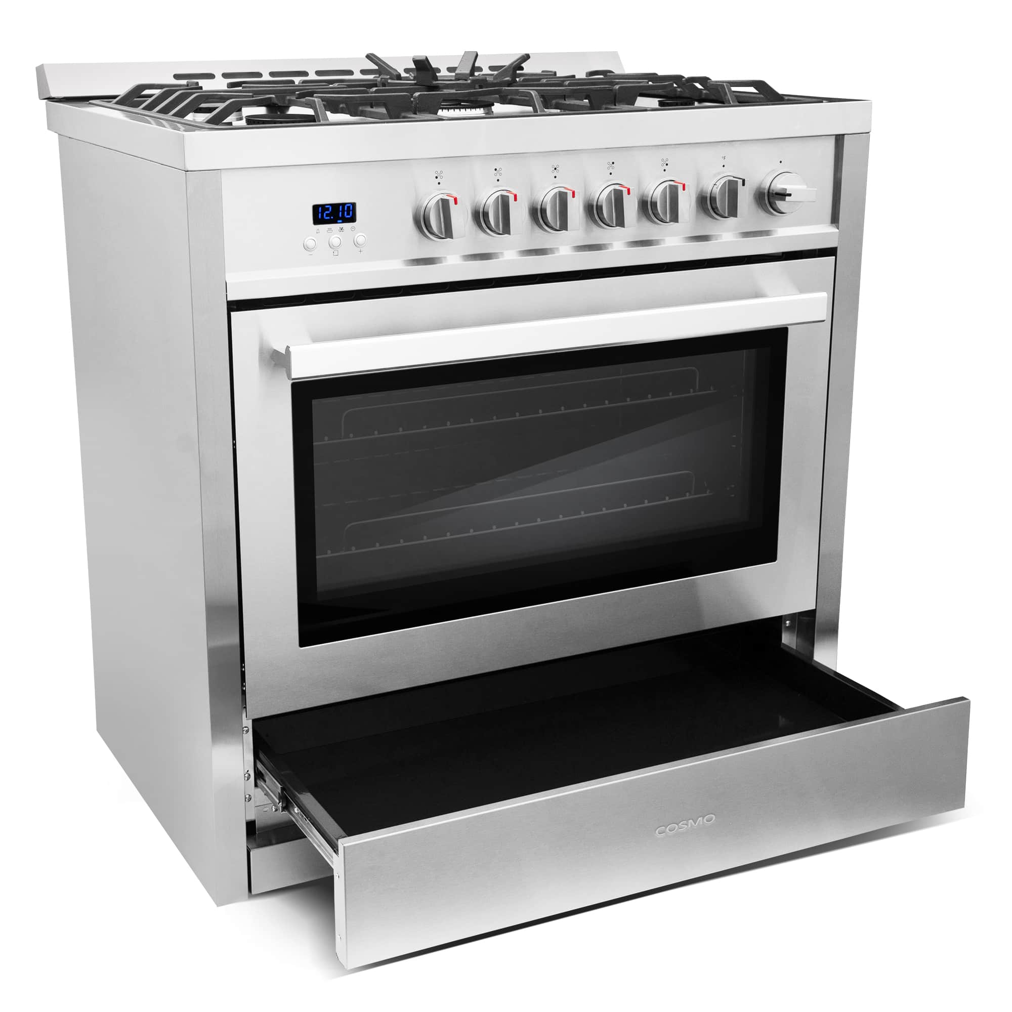 Stainless steel gas range with open oven door and illuminated control panel